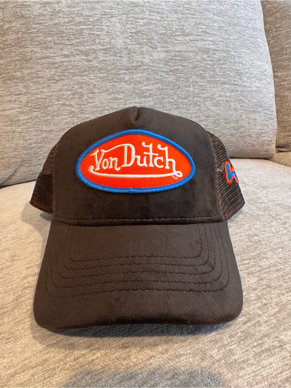 Von Dutch Brown Velour Trucker Hat with Red & Blue Patch Like New